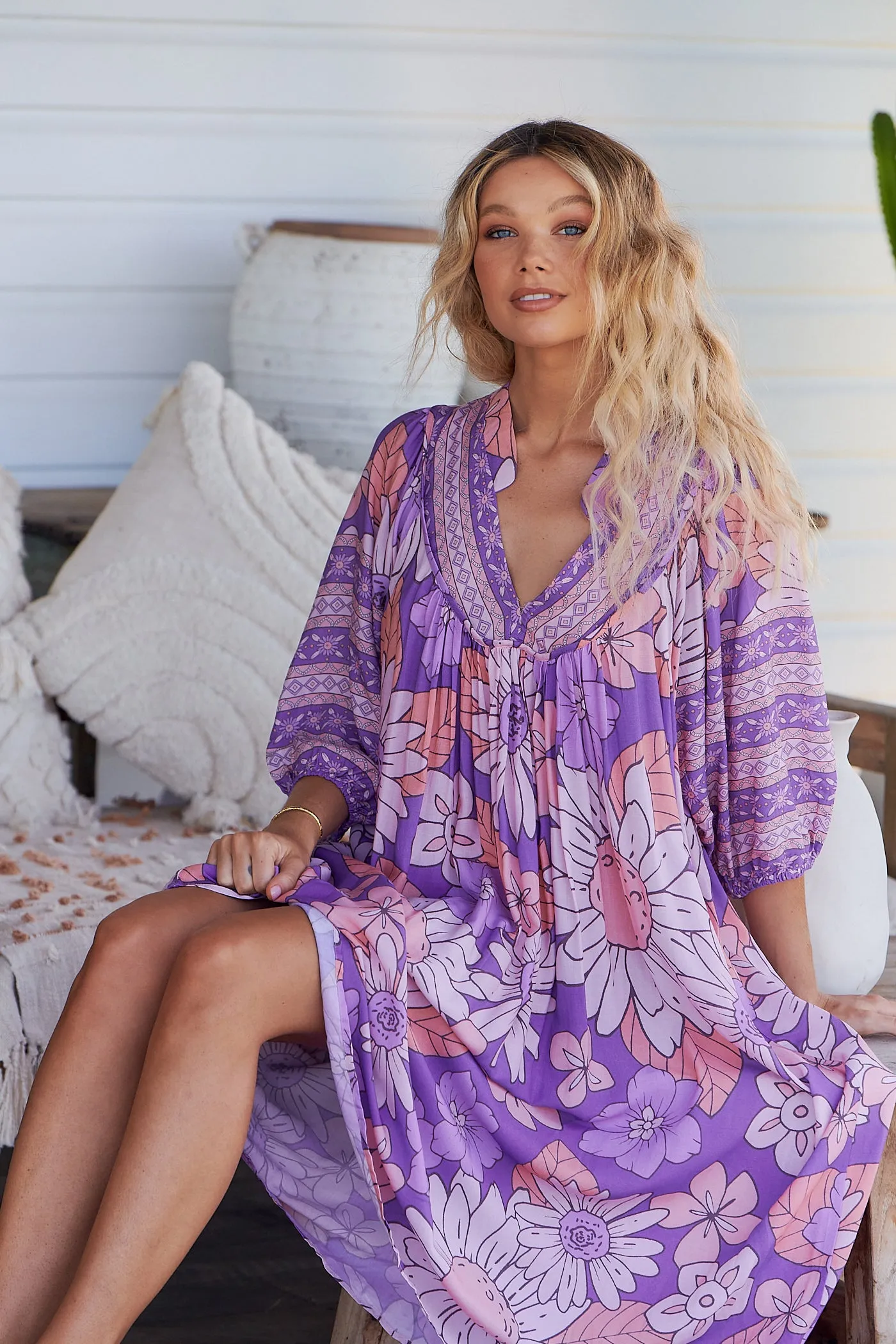 Purple Rain Print Bohemian Midi Dress