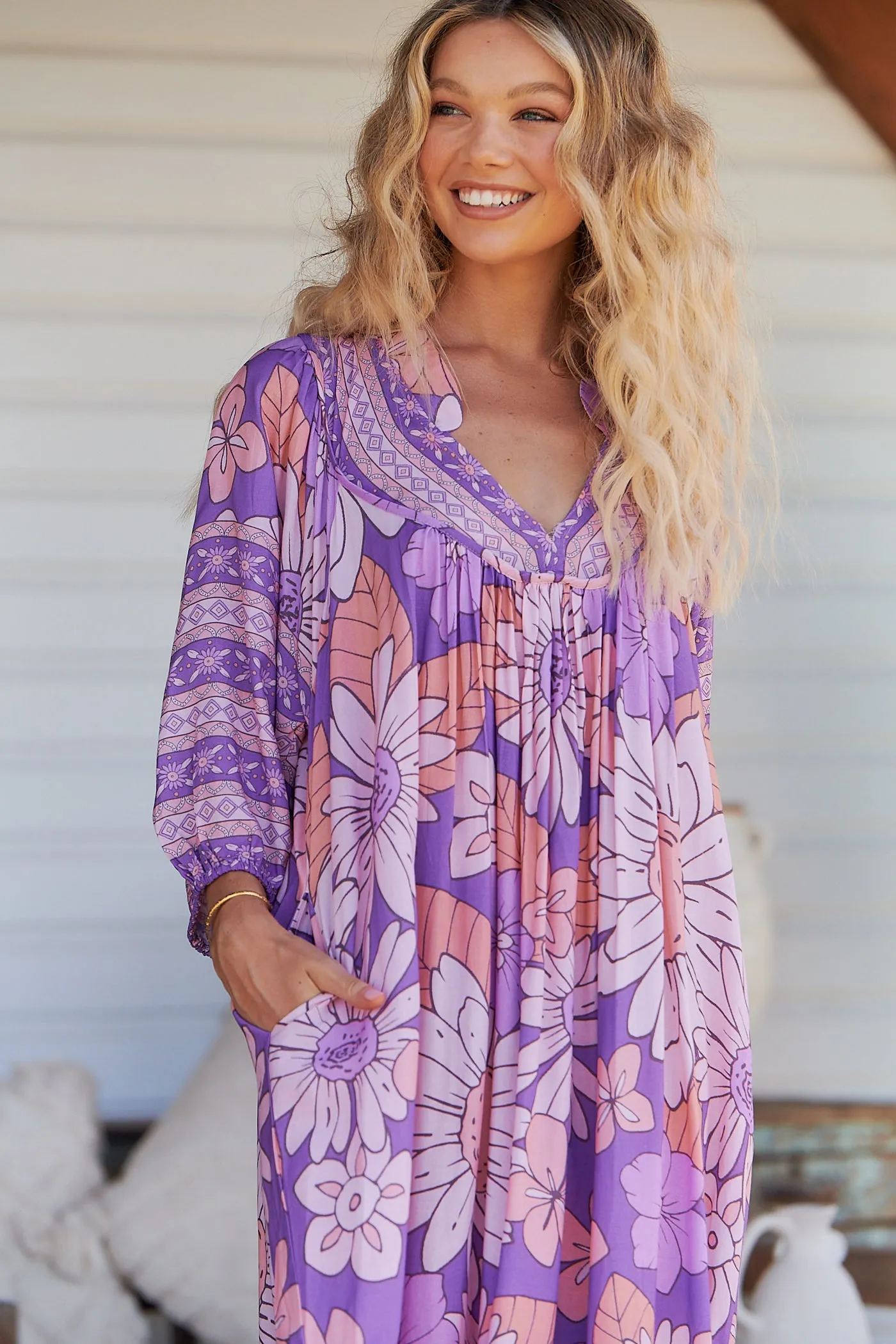 Purple Rain Print Bohemian Midi Dress