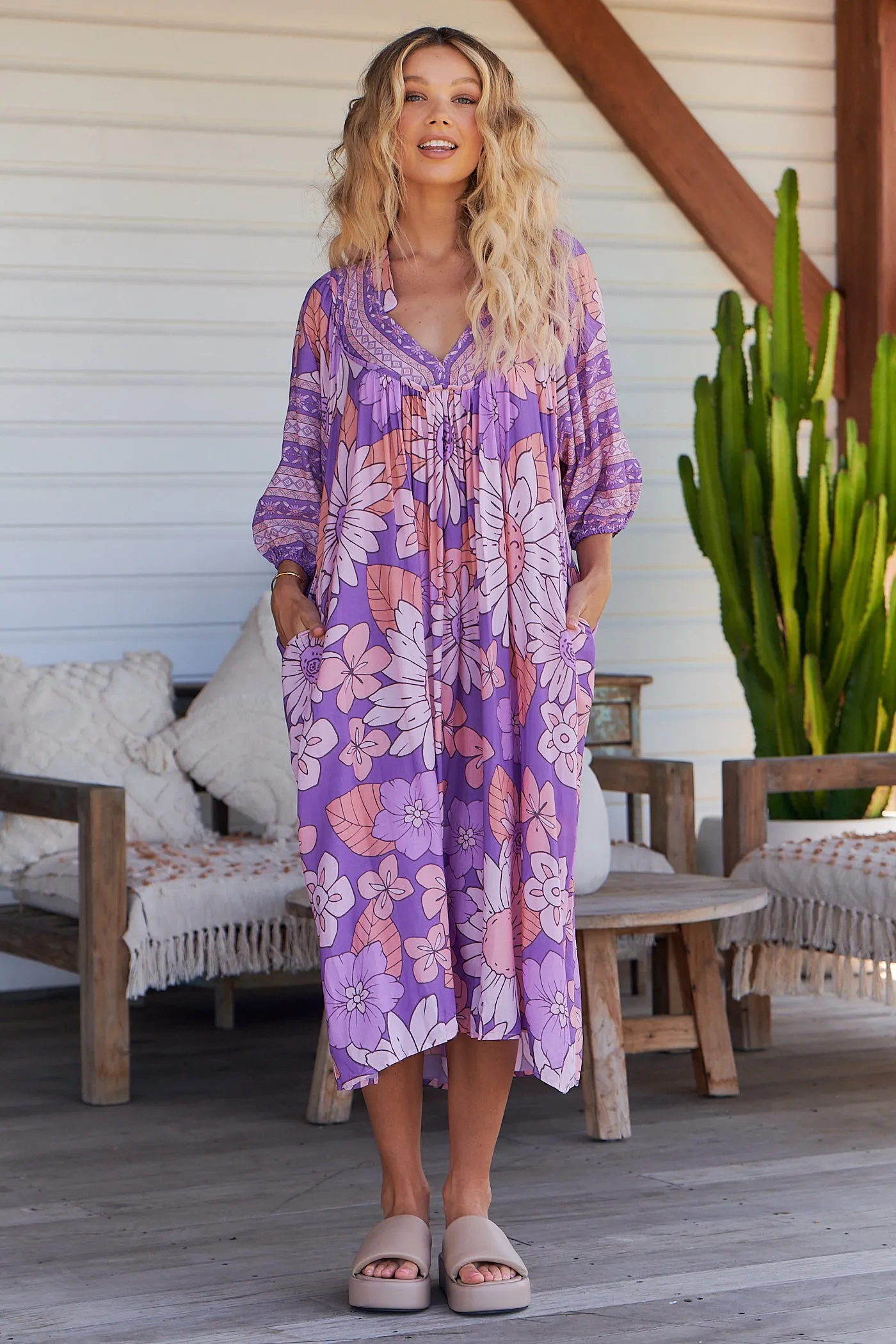Purple Rain Print Bohemian Midi Dress