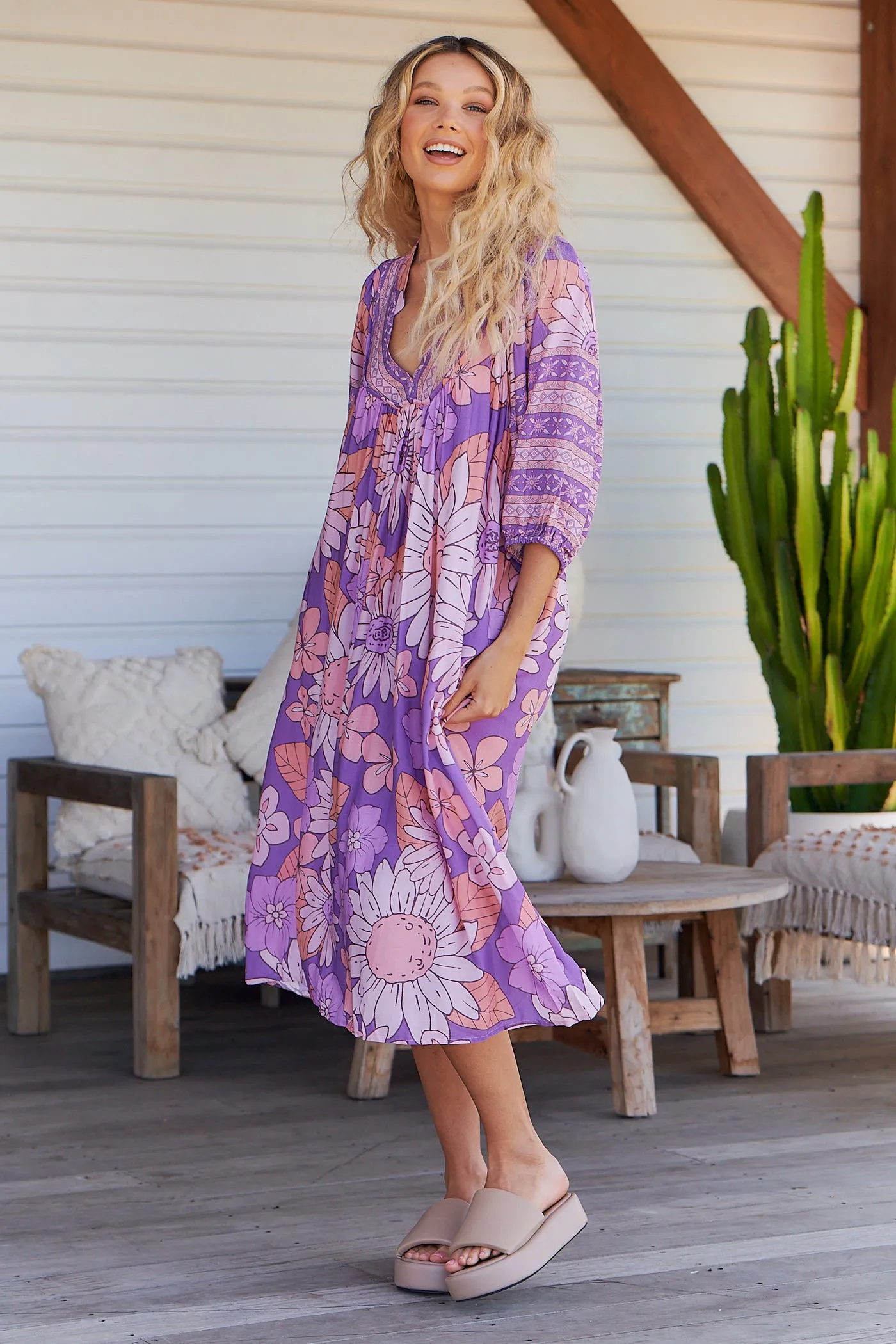 Purple Rain Print Bohemian Midi Dress