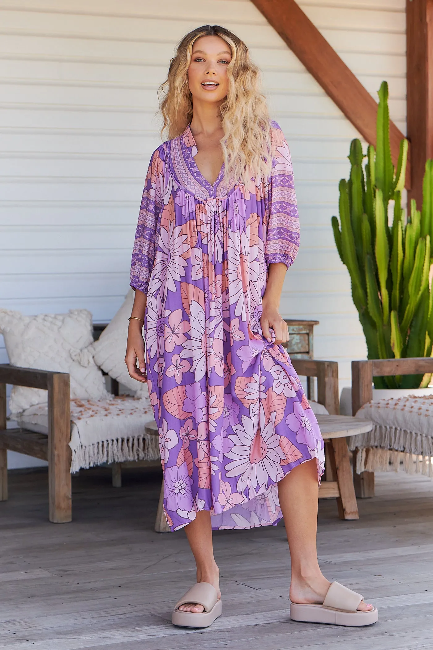 Purple Rain Print Bohemian Midi Dress