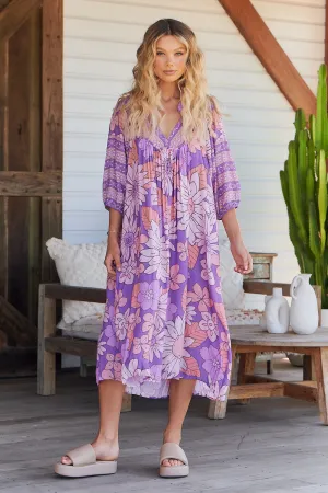 Purple Rain Print Bohemian Midi Dress
