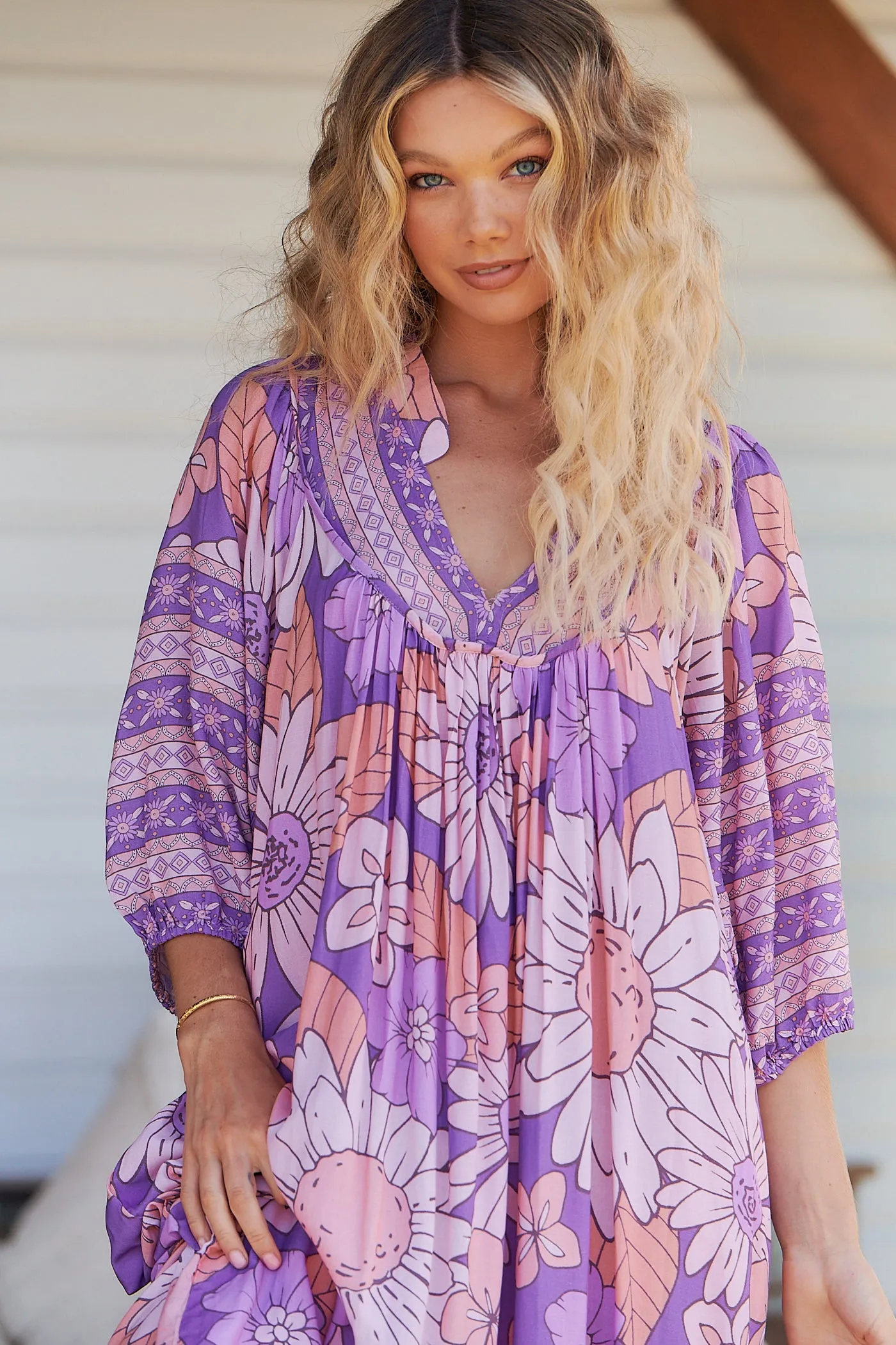 Purple Rain Print Bohemian Midi Dress