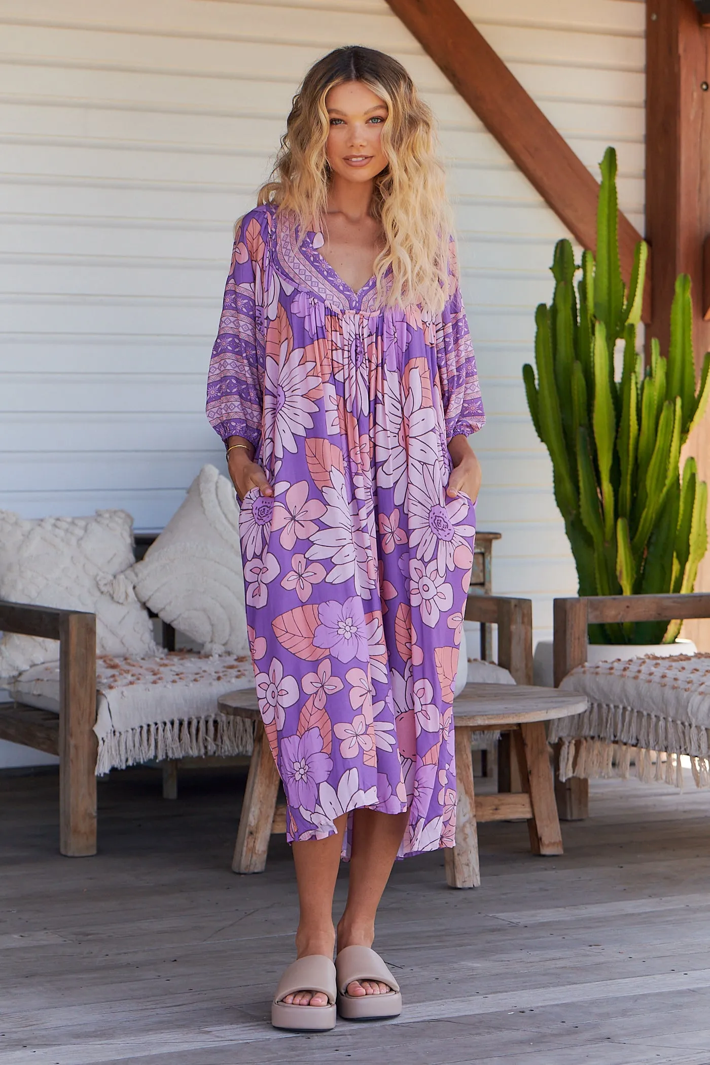 Purple Rain Print Bohemian Midi Dress
