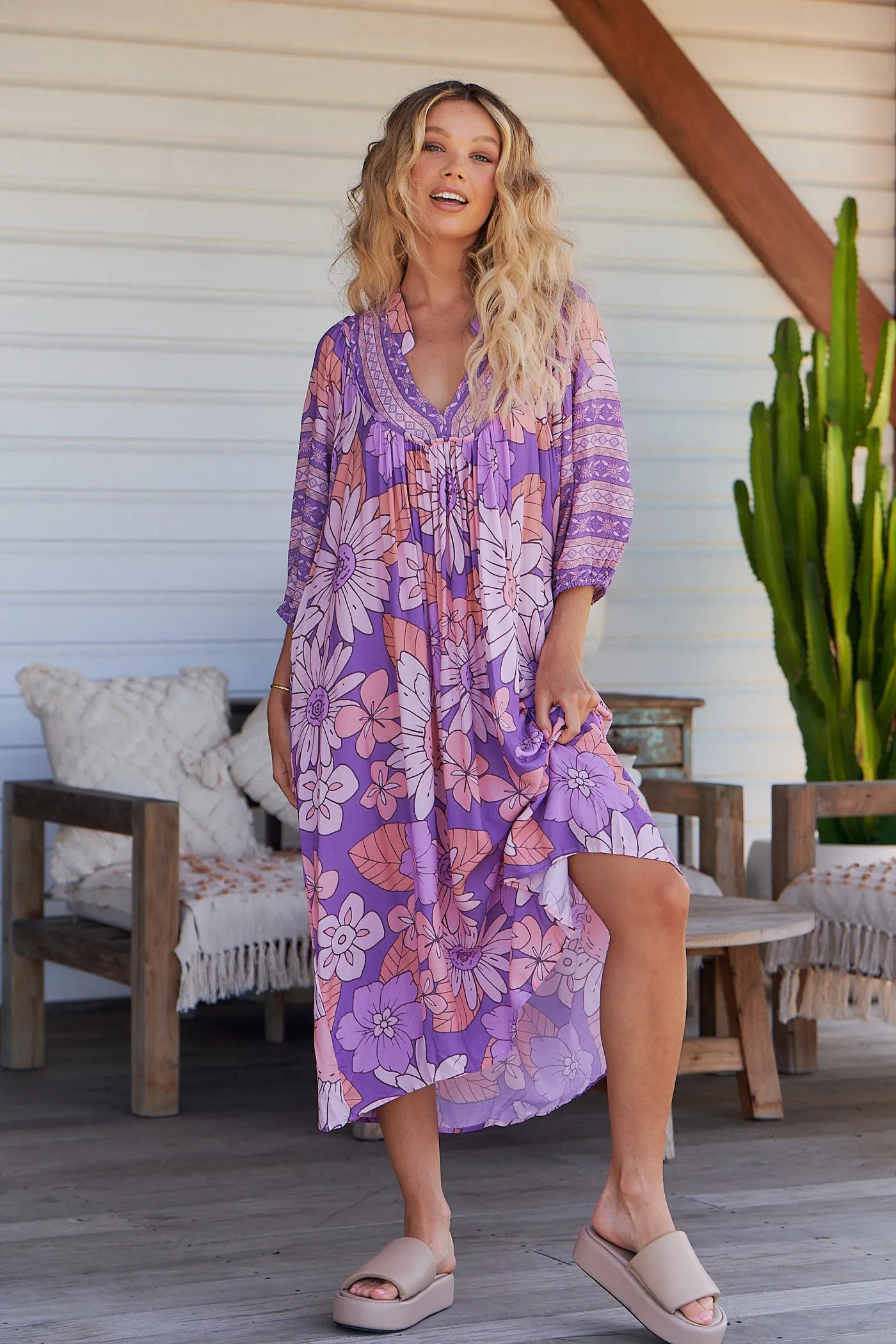 Purple Rain Print Bohemian Midi Dress