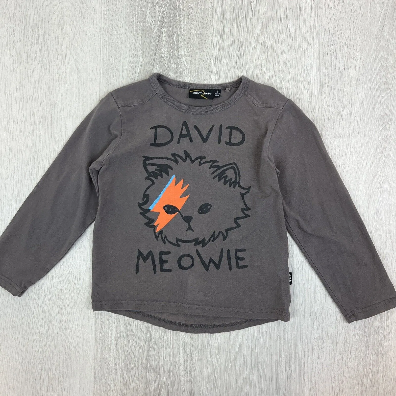 Rock Your Kid David Meowie (Bowie) Kids Grey T-shirt Size 6 Years