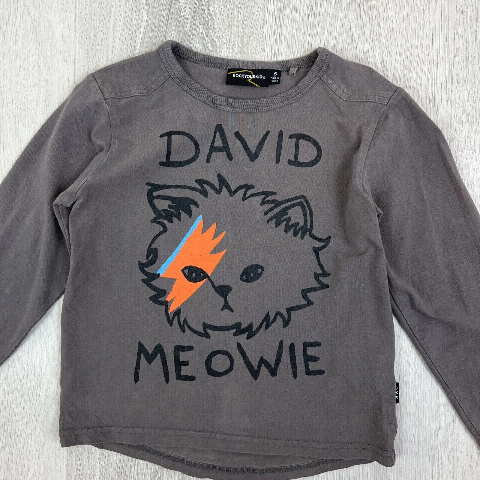 Rock Your Kid David Meowie (Bowie) Kids Grey T-shirt Size 6 Years