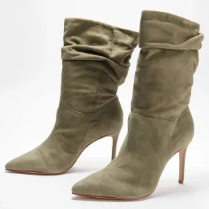 Schutz ‘Ashlee’ Women’s Suede Aspen Green Heeled Boots Pointy Toe Size 8.5