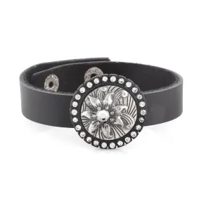 SILVER EMBOSSED FLOWER CRYSTAL BLACK STRAP BUCKLE BRACELETS #275SV2101 (7C3/6D1)