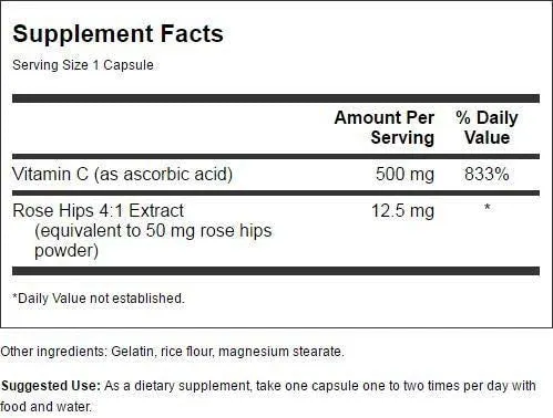 Swanson Vitamina C con Rosa Caderas Sistema Inmunológico Apoyo Piel Cardiovascular Salud Suplemento Antioxidante 500 mg 100 Cápsulas (Tapas)