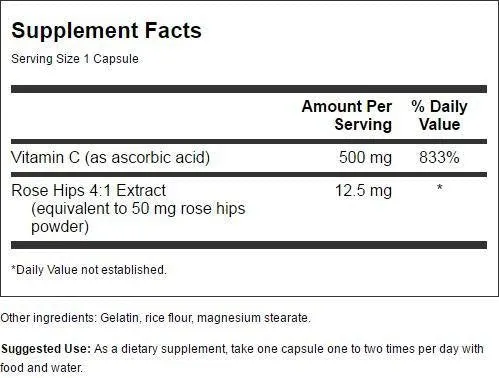 Swanson Vitamina C con Rosa Caderas Sistema Inmunológico Apoyo Piel Cardiovascular Salud Suplemento Antioxidante 500 mg 100 Cápsulas (Tapas)