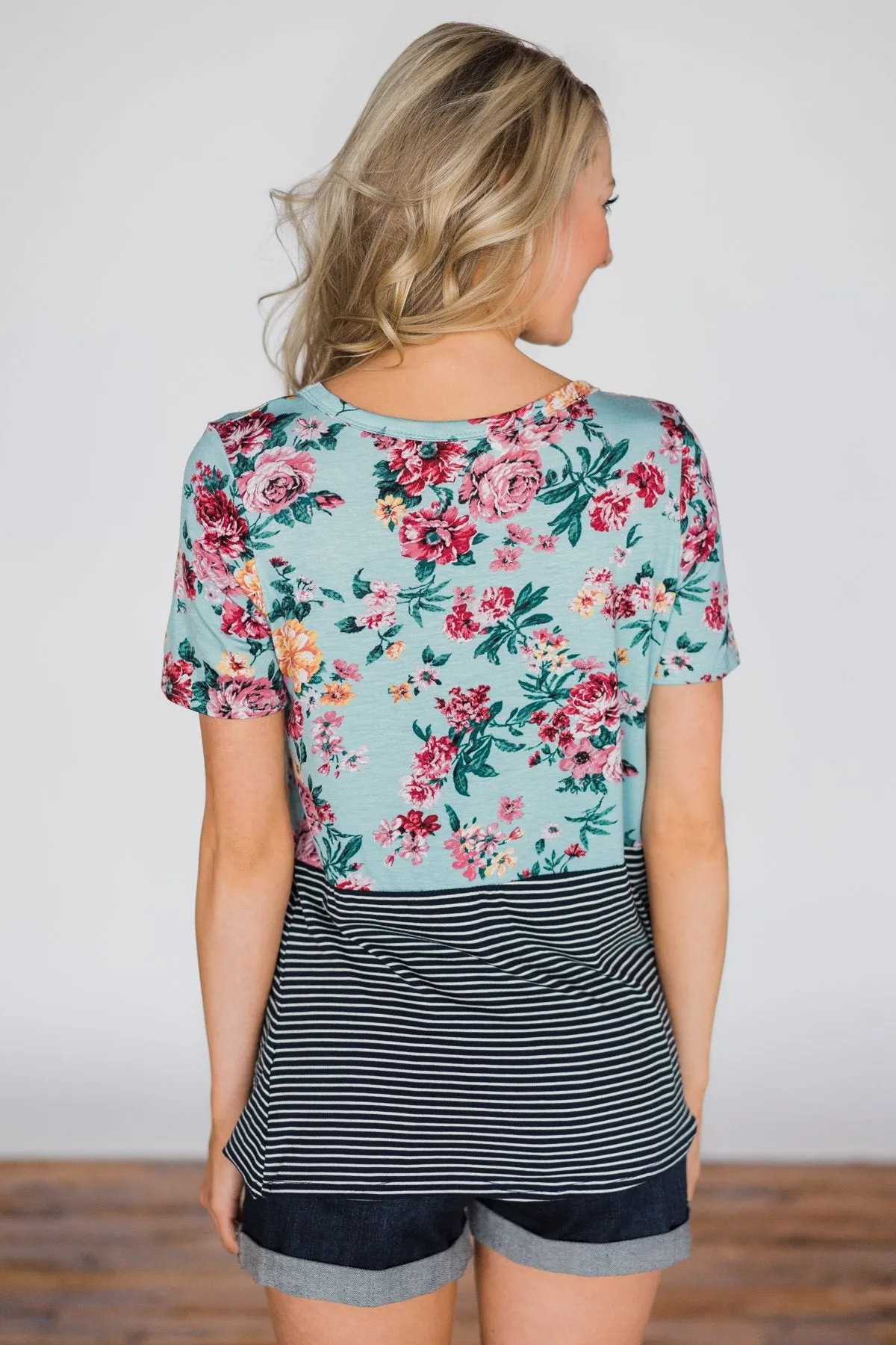 Thinking of You Floral & Stripes Knot Top- Baby Blue