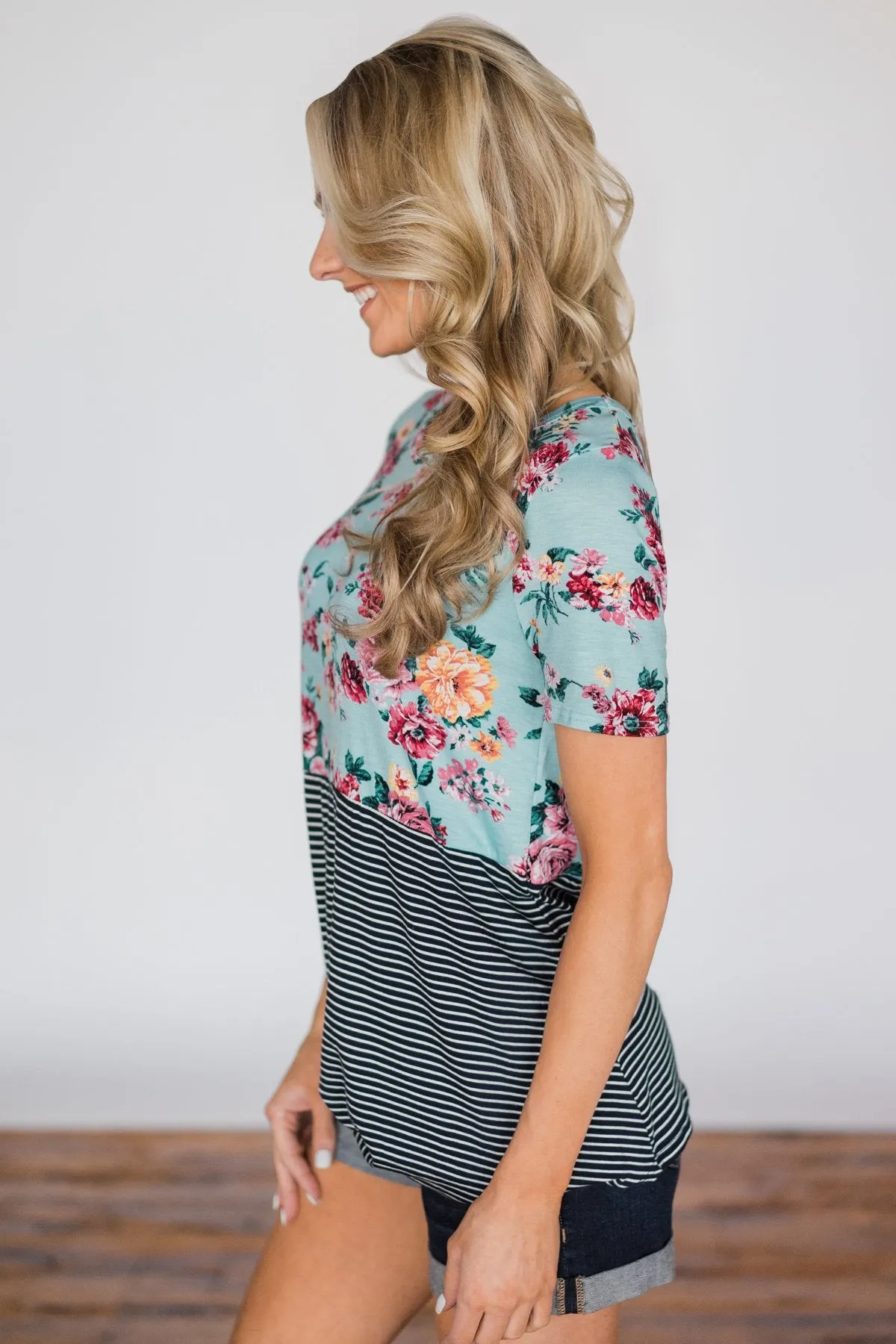 Thinking of You Floral & Stripes Knot Top- Baby Blue