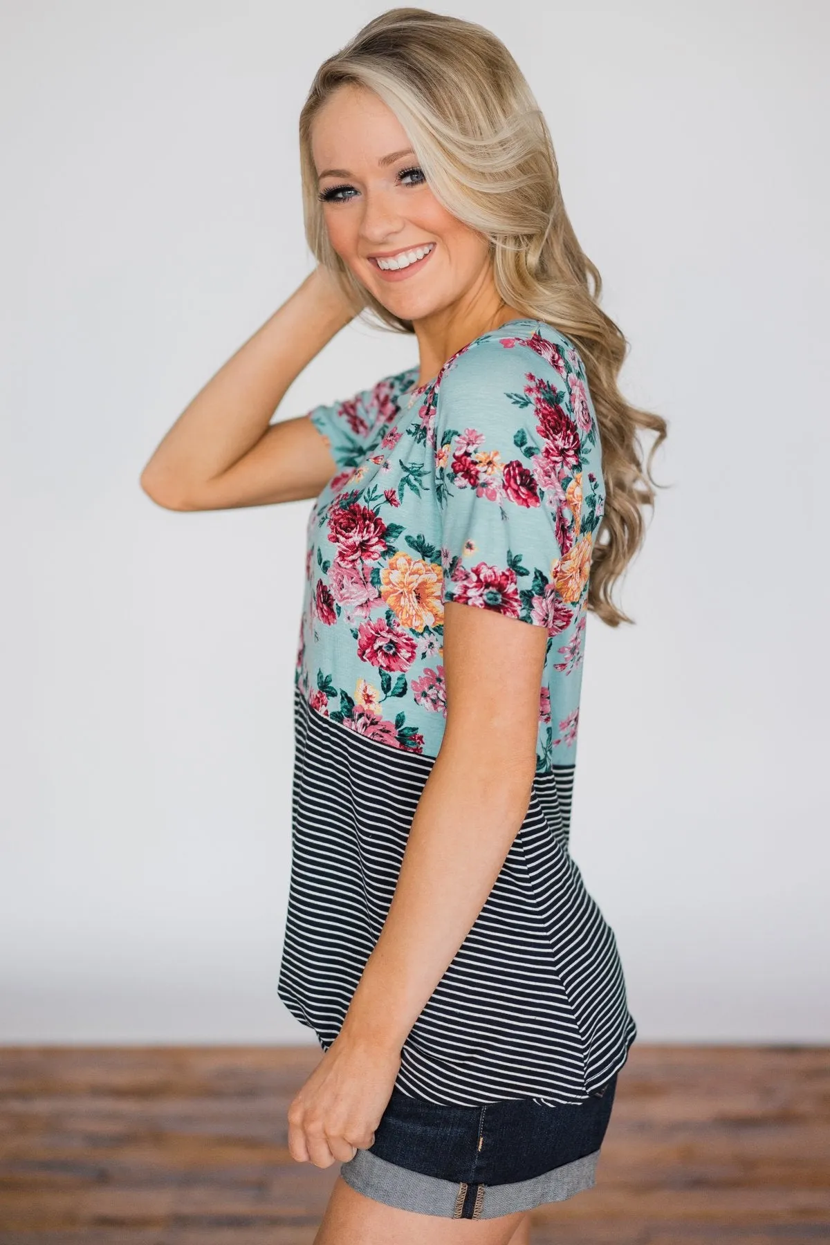 Thinking of You Floral & Stripes Knot Top- Baby Blue