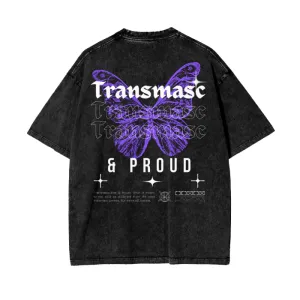 Transmasc Graphic Tee Purple Butterfly Streetwear Style on Black Acid Wash Oversize T-Shirt - 250 GSM