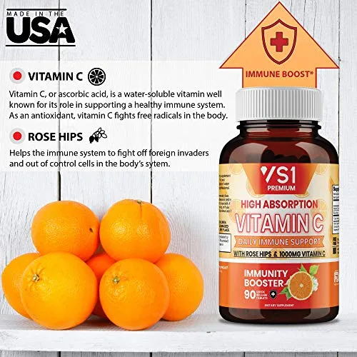 Vitamina C 1000 mg con caderas de rosa por VS1 – Suplemento para apoyo inmunológico para adultos y niños – Sistema inmunológico potenciador, defensa de inmunidad, alta absorción – sin OMG, sin gluten – 180 ct