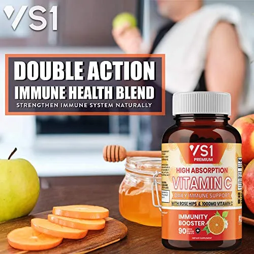 Vitamina C 1000 mg con caderas de rosa por VS1 – Suplemento para apoyo inmunológico para adultos y niños – Sistema inmunológico potenciador, defensa de inmunidad, alta absorción – sin OMG, sin gluten – 180 ct