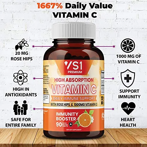 Vitamina C 1000 mg con caderas de rosa por VS1 – Suplemento para apoyo inmunológico para adultos y niños – Sistema inmunológico potenciador, defensa de inmunidad, alta absorción – sin OMG, sin gluten – 180 ct