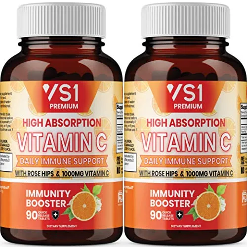 Vitamina C 1000 mg con caderas de rosa por VS1 – Suplemento para apoyo inmunológico para adultos y niños – Sistema inmunológico potenciador, defensa de inmunidad, alta absorción – sin OMG, sin gluten – 180 ct