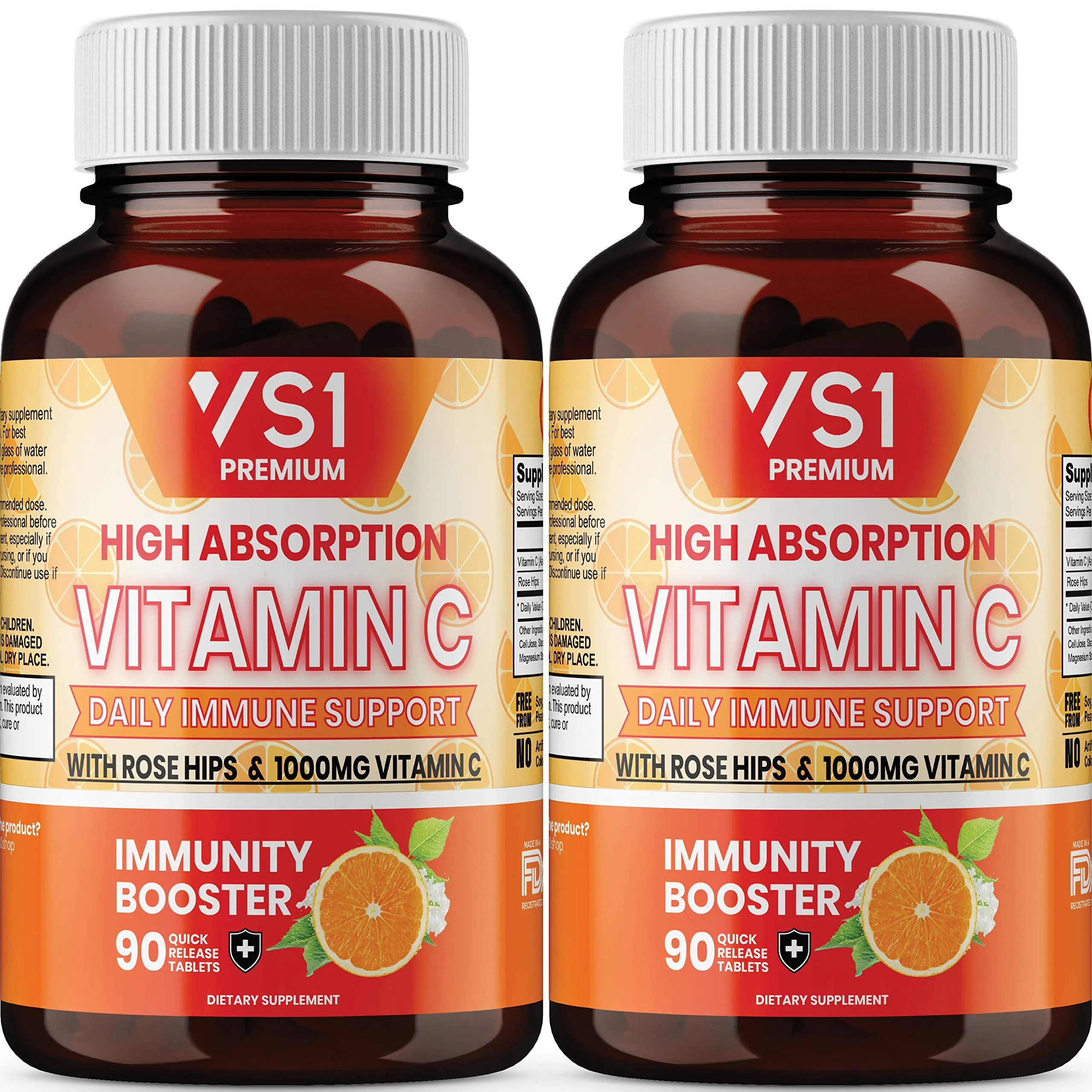Vitamina C 1000 mg con caderas de rosa por VS1 – Suplemento para apoyo inmunológico para adultos y niños – Sistema inmunológico potenciador, defensa de inmunidad, alta absorción – sin OMG, sin gluten – 180 ct