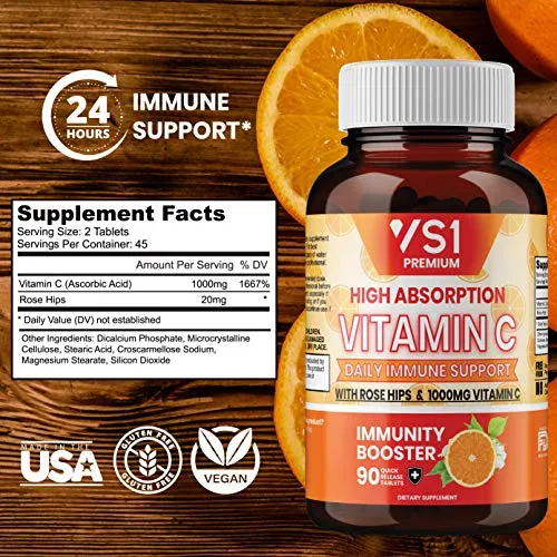 Vitamina C 1000 mg con caderas de rosa por VS1 – Suplemento para apoyo inmunológico para adultos y niños – Sistema inmunológico potenciador, defensa de inmunidad, alta absorción – sin OMG, sin gluten – 180 ct