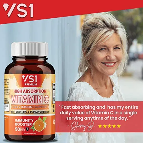 Vitamina C 1000 mg con caderas de rosa por VS1 – Suplemento para apoyo inmunológico para adultos y niños – Sistema inmunológico potenciador, defensa de inmunidad, alta absorción – sin OMG, sin gluten – 180 ct