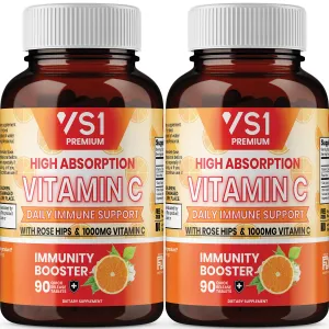Vitamina C 1000 mg con caderas de rosa por VS1 – Suplemento para apoyo inmunológico para adultos y niños – Sistema inmunológico potenciador, defensa de inmunidad, alta absorción – sin OMG, sin gluten – 180 ct