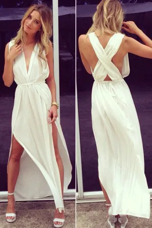 White Deep V Neck Sleeveless Chiffon Side Slit Ankle Length Evening Gowns,SIM622