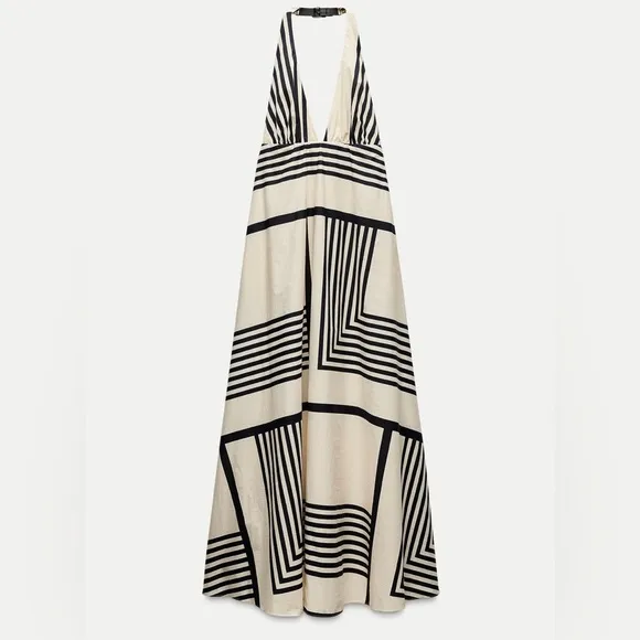 Zara Striped Poplin Midi Dress Halter Neck Color: Black and White * Size: XS