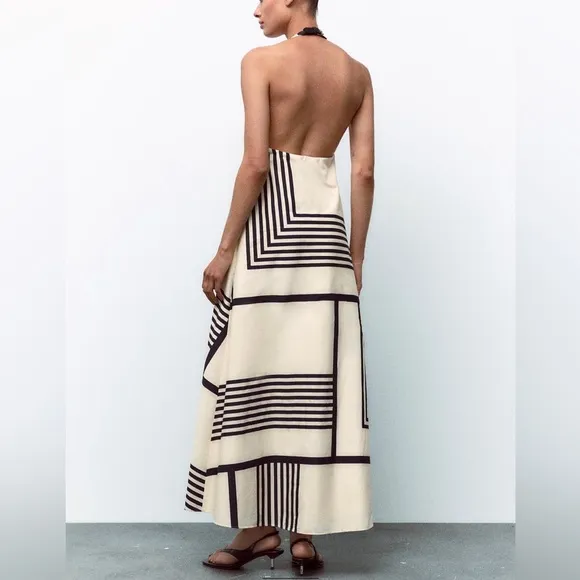Zara Striped Poplin Midi Dress Halter Neck Color: Black and White * Size: XS