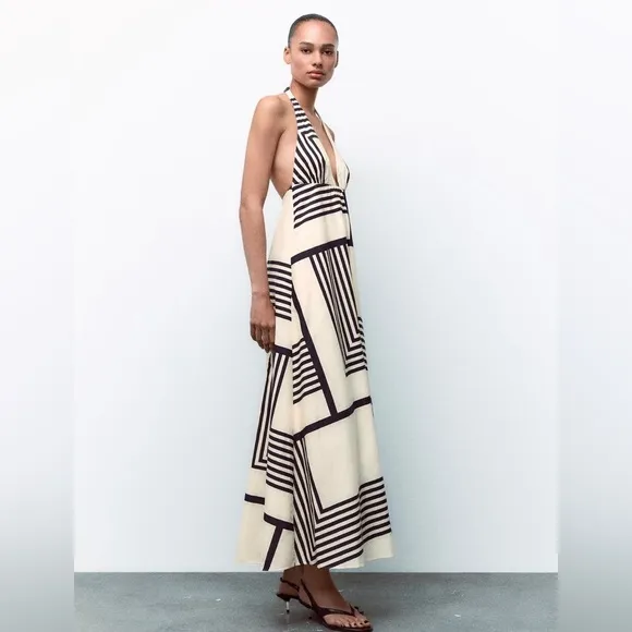 Zara Striped Poplin Midi Dress Halter Neck Color: Black and White * Size: XS