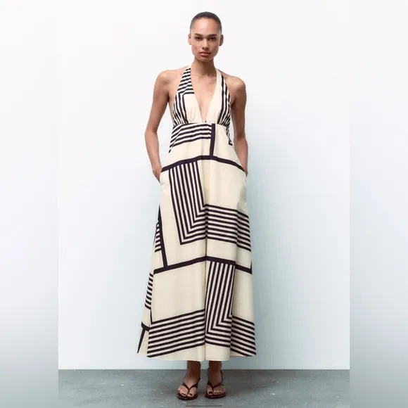 Zara Striped Poplin Midi Dress Halter Neck Color: Black and White * Size: XS